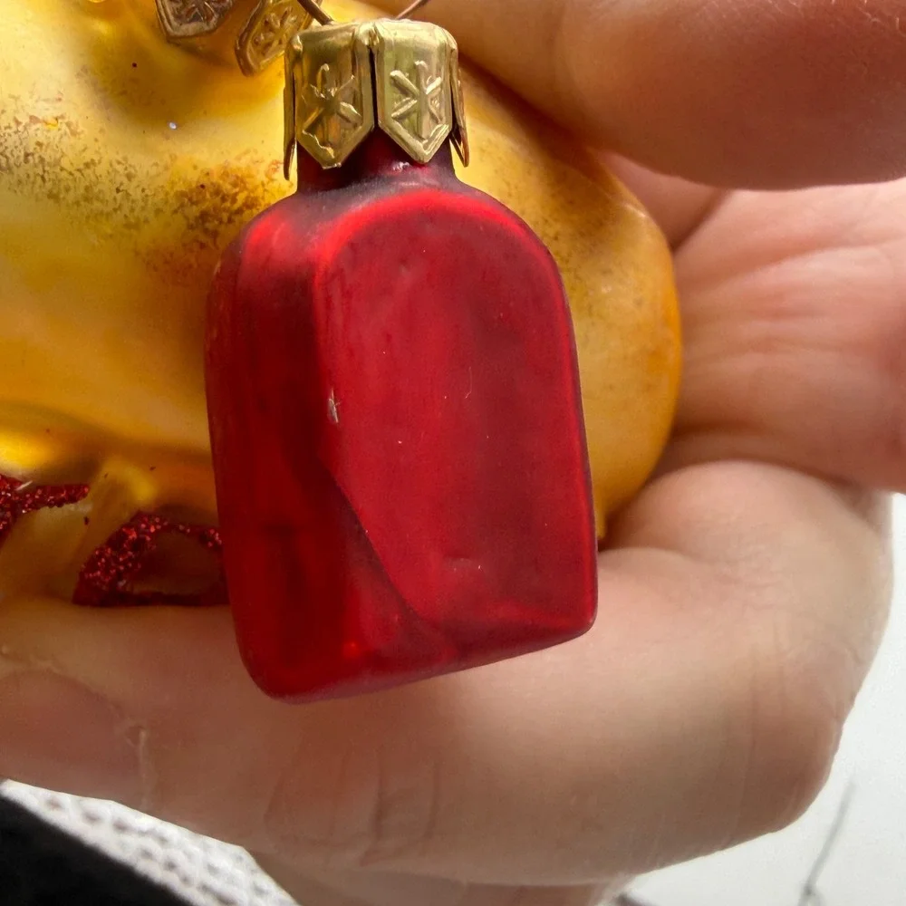 Vintage Hot Dog Glass Christmas Ornament with Ketchup Bottle Charm Red Gold